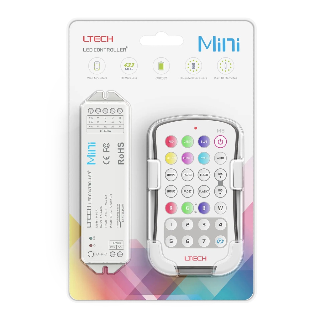 LTECH Mini RF remote + receiver CV 4x3A RGBW - M8+M4-3A - 3A&M8