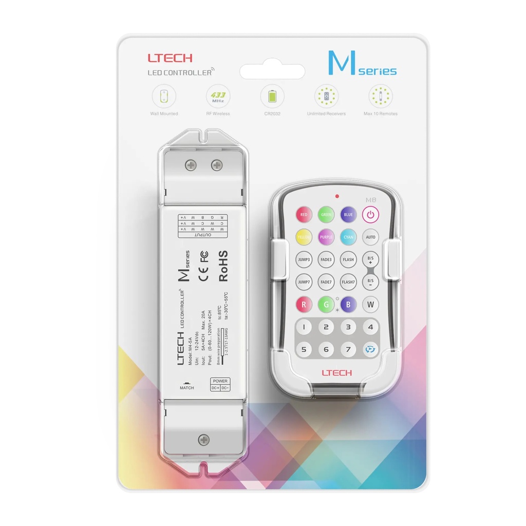 LTECH Mini RF remote + receiver CV 4x5A RGBW - M8+M4-5A - 5A&M8