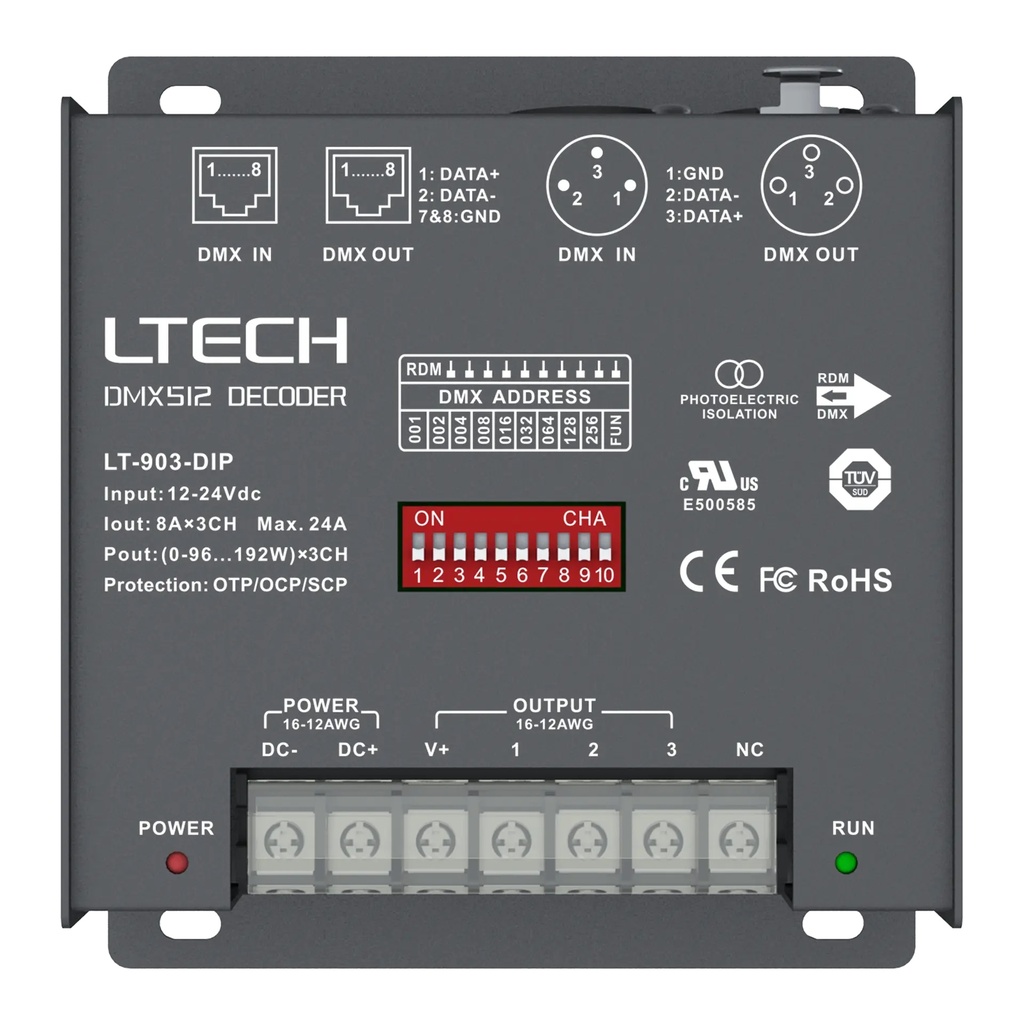 LTECH DMX/RDM LED driver CV 3x8A DIP Switch - LT-903-DIP