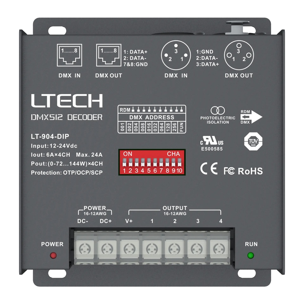 LTECH DMX/RDM LED driver CV 4x6A DIP Switch - LT-904-DIP
