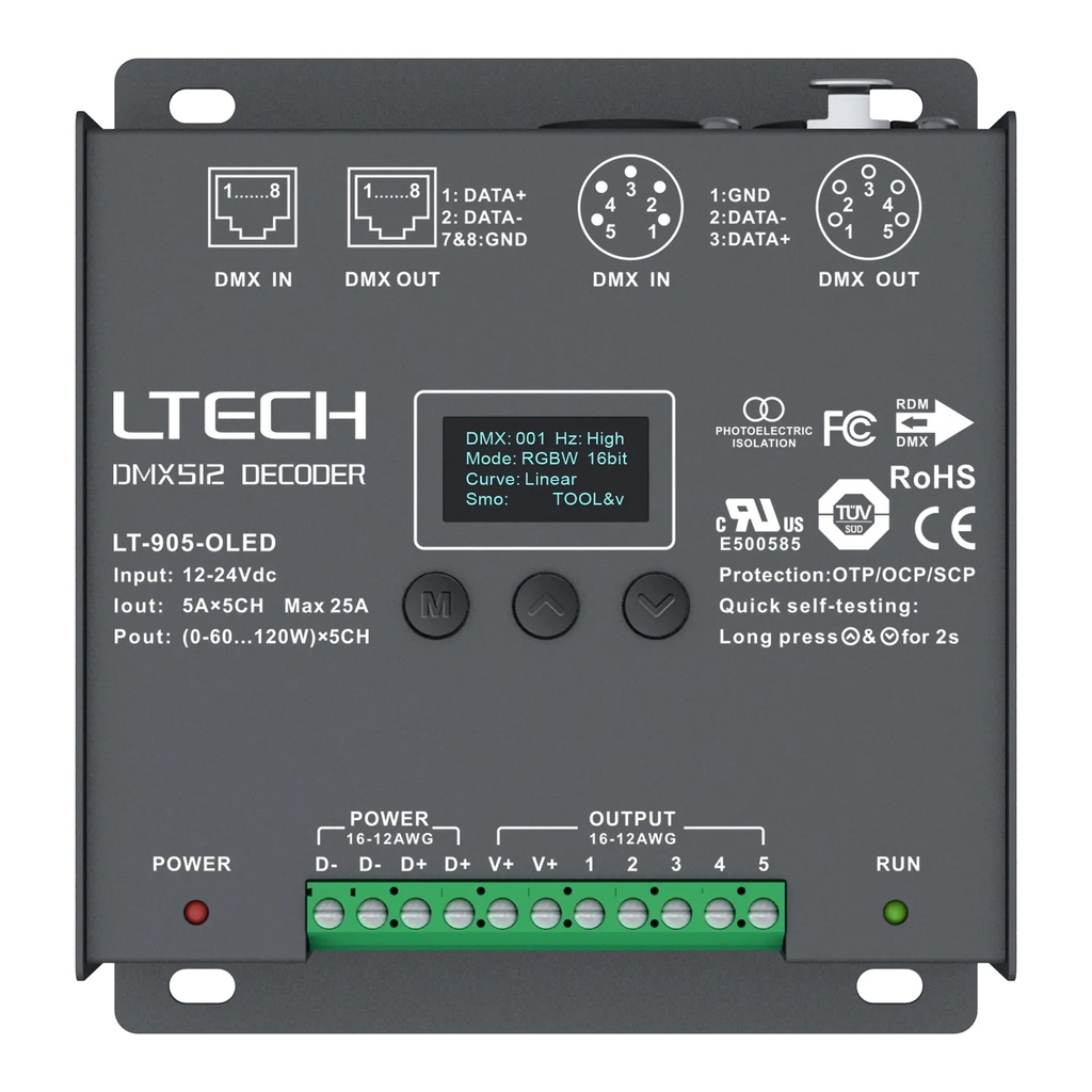 LTECH DMX/RDM LED driver CV 5x5A OLED - LT-905-OLED