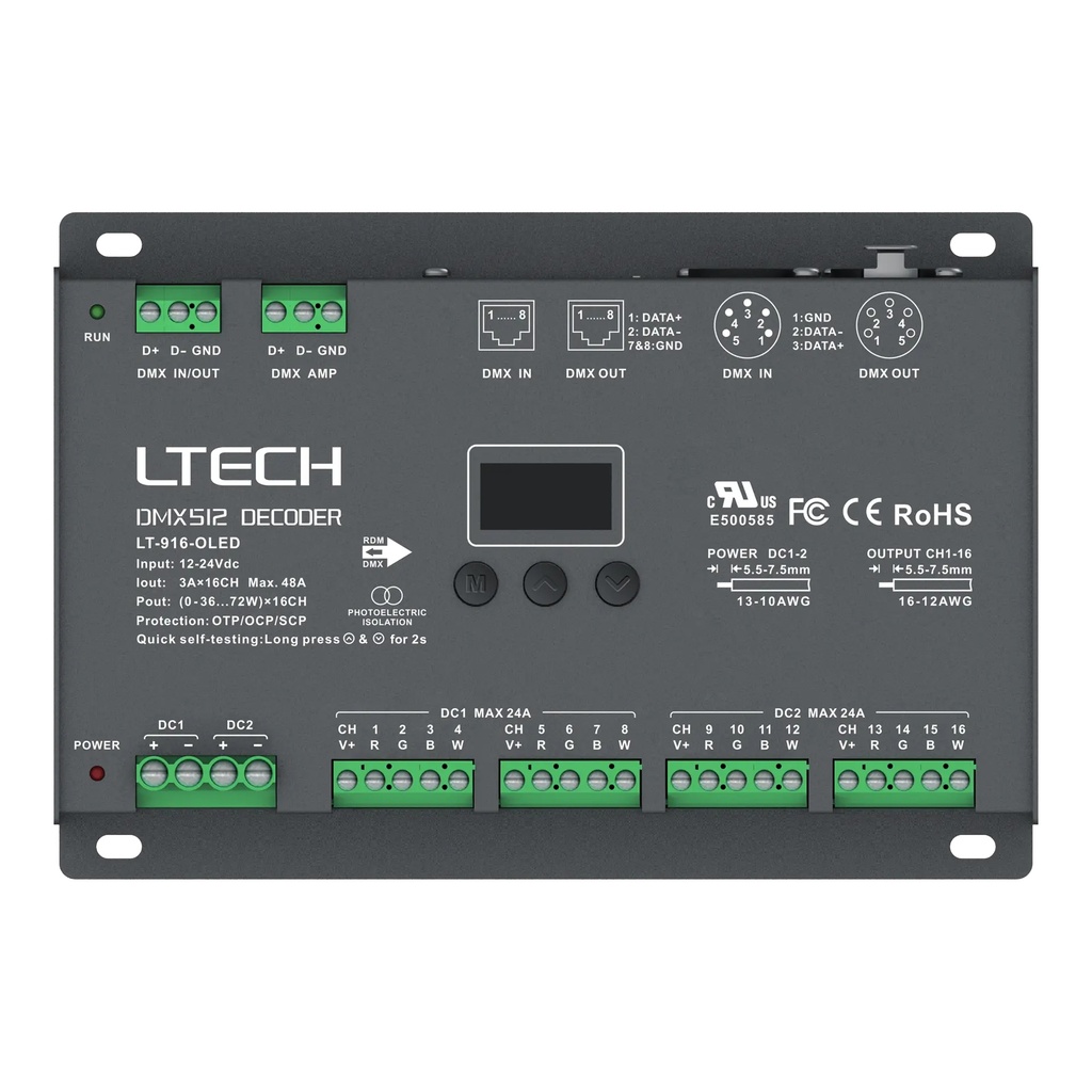 LTECH DMX/RDM LED driver CV 16x3A OLED - LT-916-OLED