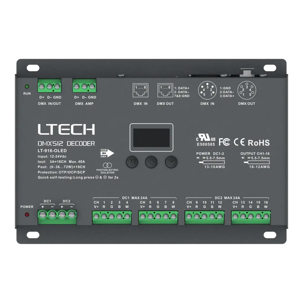 [2278900] LTECH DMX/RDM LED driver CV 16x3A OLED - LT-916-OLED