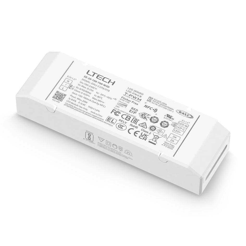 LTECH LTSYS Driver CC DALI DT6/DT8 2CH 100-700mA 20W NFC UL - SE-20-100-700-W2D
